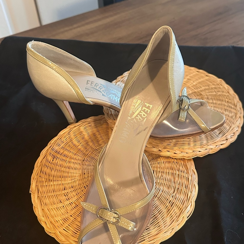 Salvatore Ferragamo Gold Heels with Bow Detail